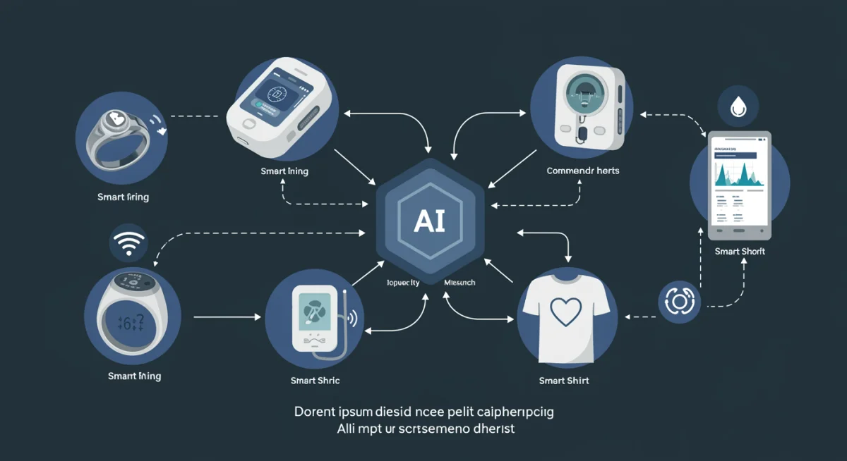 Infographic showing interconnected wearable devices and data flow to an AI health dashboard.