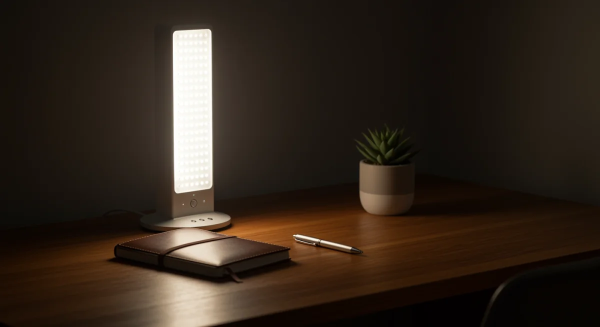 A light therapy lamp on a desk, symbolising a tool for combating seasonal affective disorder.