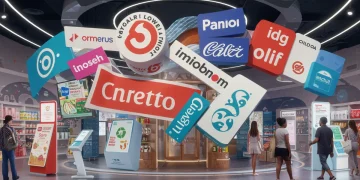 Dynamic visual of major brands collaborating to reshape US retail, with intertwined logos and modern shopping elements.