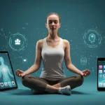 Woman meditating calmly using mental health app on tablet, embracing digital well-being.