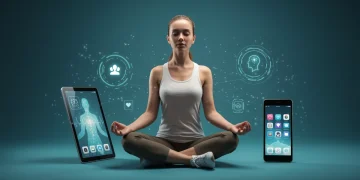 Woman meditating calmly using mental health app on tablet, embracing digital well-being.
