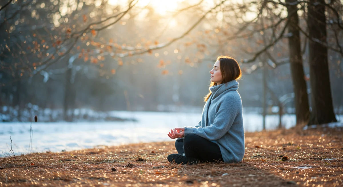 A person meditating in a snowy forest, illustrating mindfulness and nature's role in winter wellness.