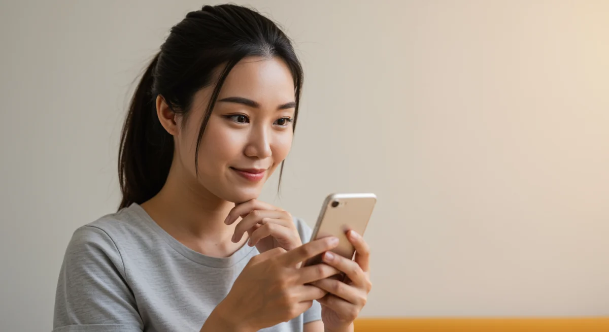 A calm individual observing their smartphone, demonstrating mindful interaction with digital technology.
