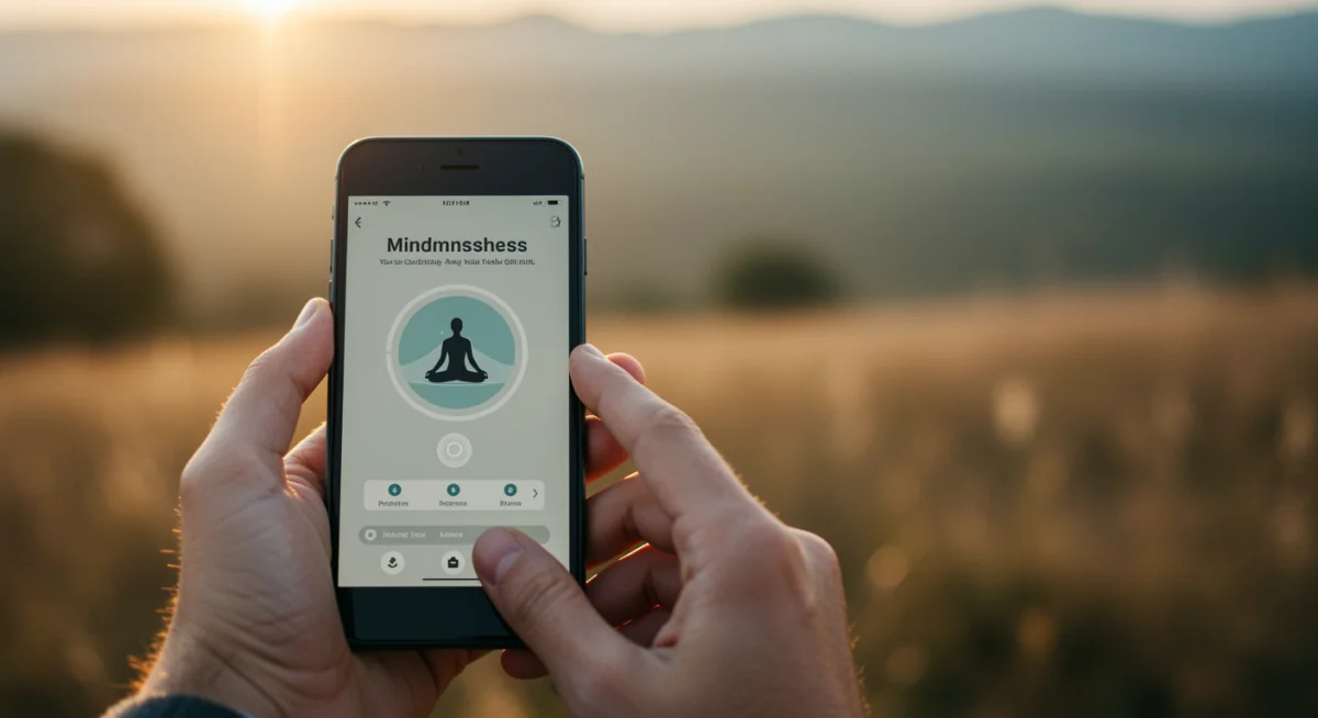 Mindfulness app on smartphone displaying guided meditation in serene natural setting.