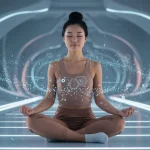 A person practising meditation in a calm setting, surrounded by subtle, harmonious digital elements, symbolising digital mindfulness.