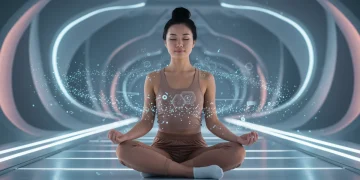 A person practising meditation in a calm setting, surrounded by subtle, harmonious digital elements, symbolising digital mindfulness.