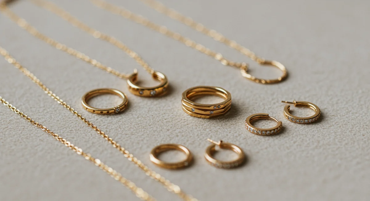 Close-up of minimalist gold jewellery, showcasing delicate chains, hoop earrings, and rings.