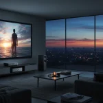 Modern living room with a bright projector screen and integrated sound system, showcasing 2025 home cinema technology.