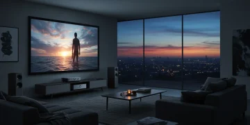 Modern living room with a bright projector screen and integrated sound system, showcasing 2025 home cinema technology.