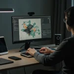 Modern home office with person using advanced remote work gadgets to boost productivity.