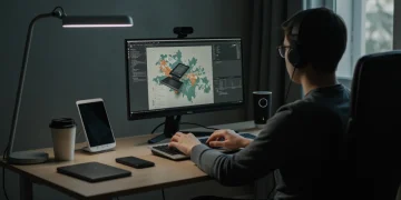 Modern home office with person using advanced remote work gadgets to boost productivity.