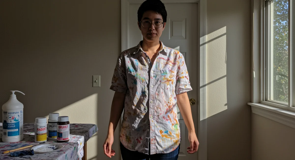 Person wearing a naturally dyed and embellished upcycled garment, showcasing personal style.