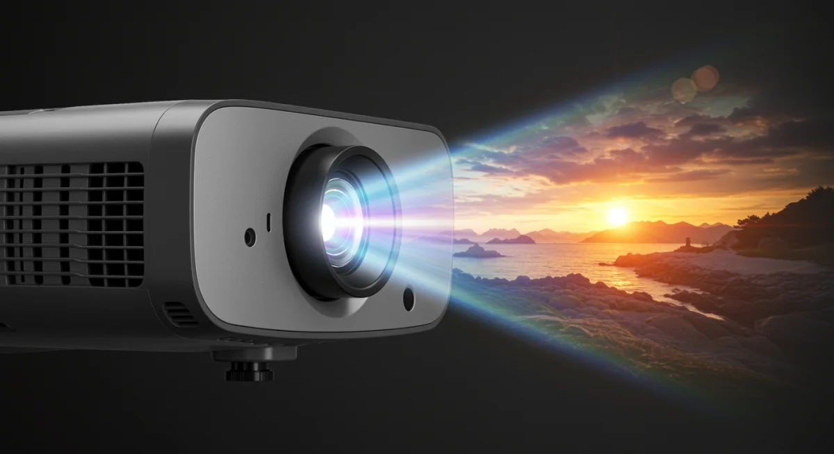 Next-generation short-throw projector displaying a vibrant, detailed image, emphasising its compact design.
