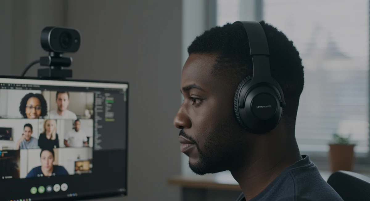 Remote worker using noise-cancelling headphones and HD webcam for seamless virtual meetings.