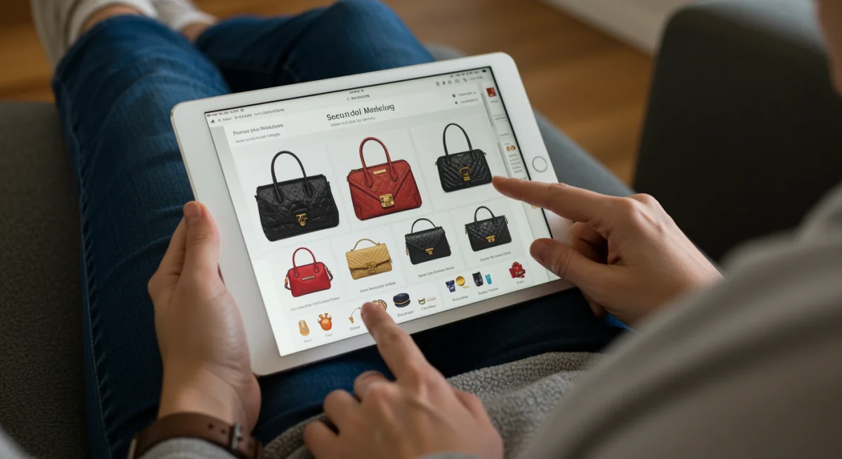 Browsing a second-hand luxury fashion marketplace on a tablet