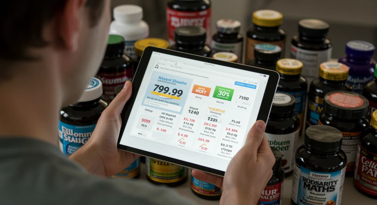 Person comparing supplement prices online for cost-effective wellness.