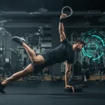 Athlete optimising fitness routine with advanced training in a high-tech gym.