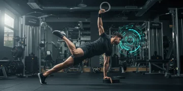 Athlete optimising fitness routine with advanced training in a high-tech gym.