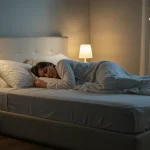 A person sleeping peacefully in a tranquil bedroom, symbolising improved sleep quality.