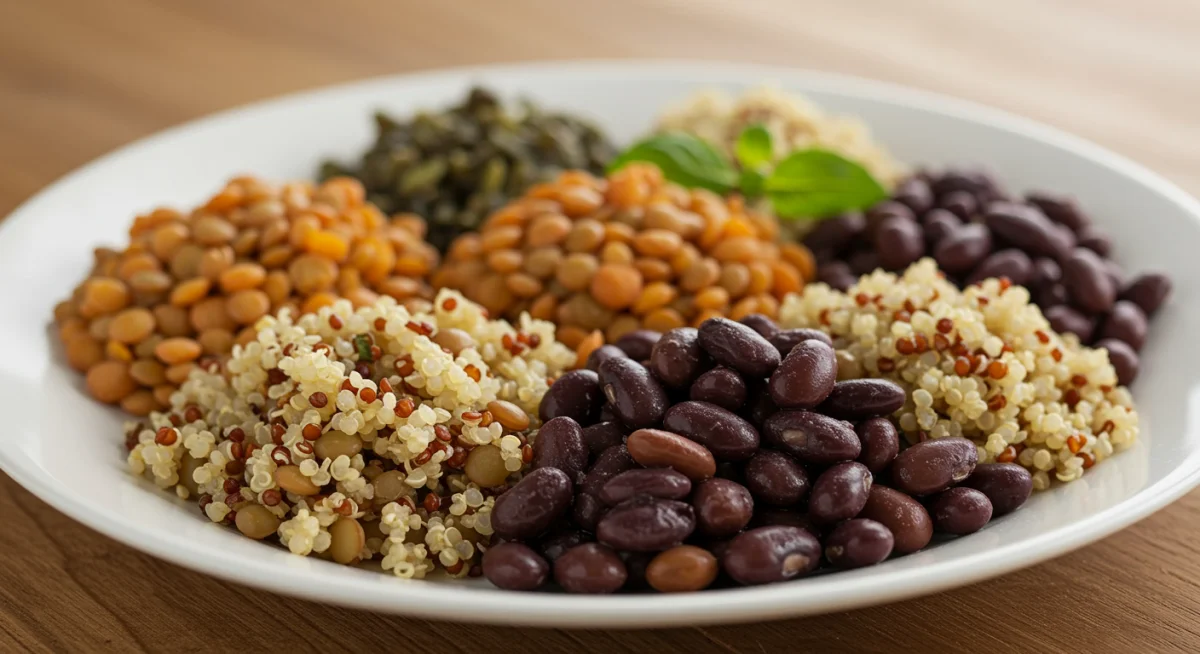 Close-up of a plate with diverse plant-based protein sources like lentils and quinoa.