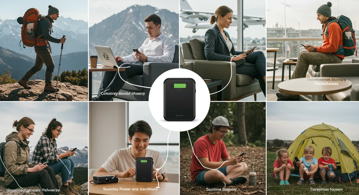 People using portable power banks in diverse travel and outdoor settings.
