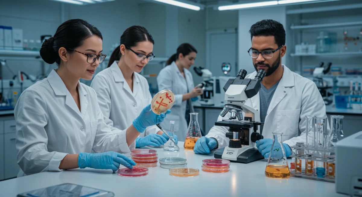 Scientists researching postbiotics and bacteriophages in a lab.