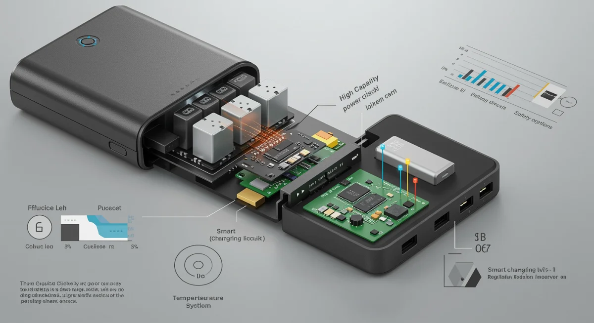 Infographic showing internal components and safety features of a power bank.