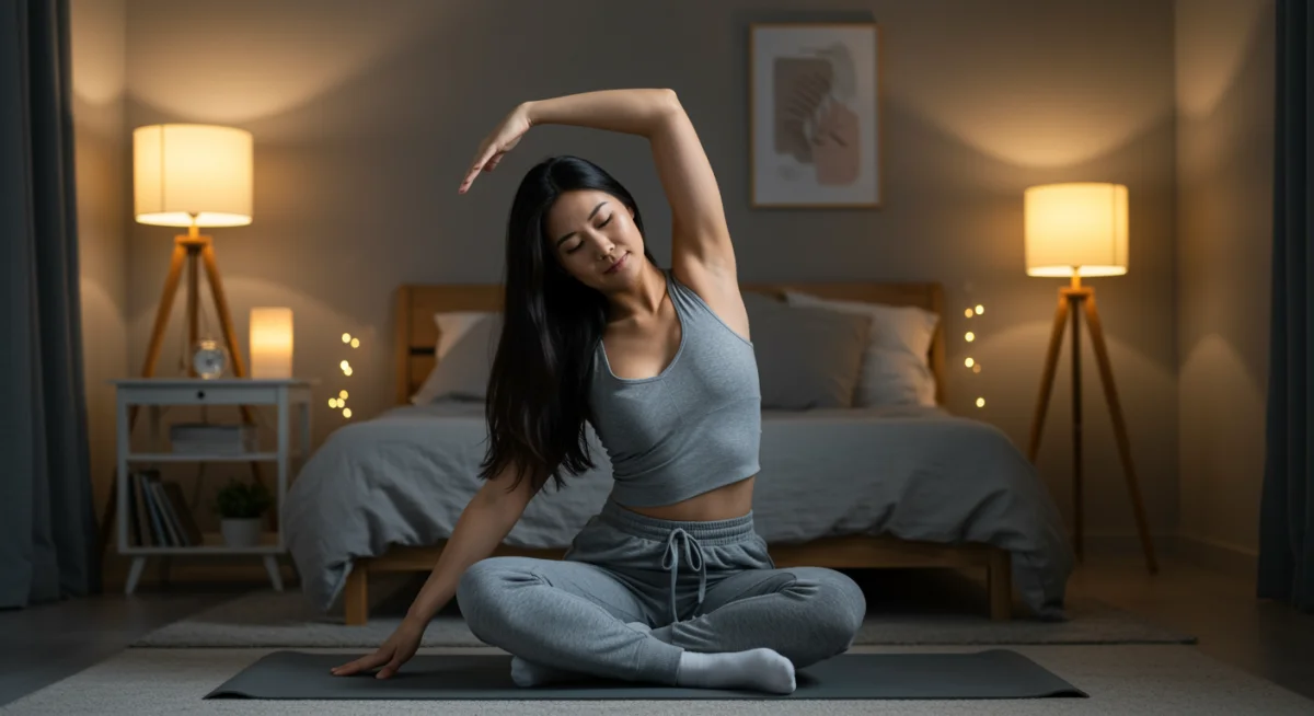 Person performing gentle stretches before bed to promote relaxation and sleep.