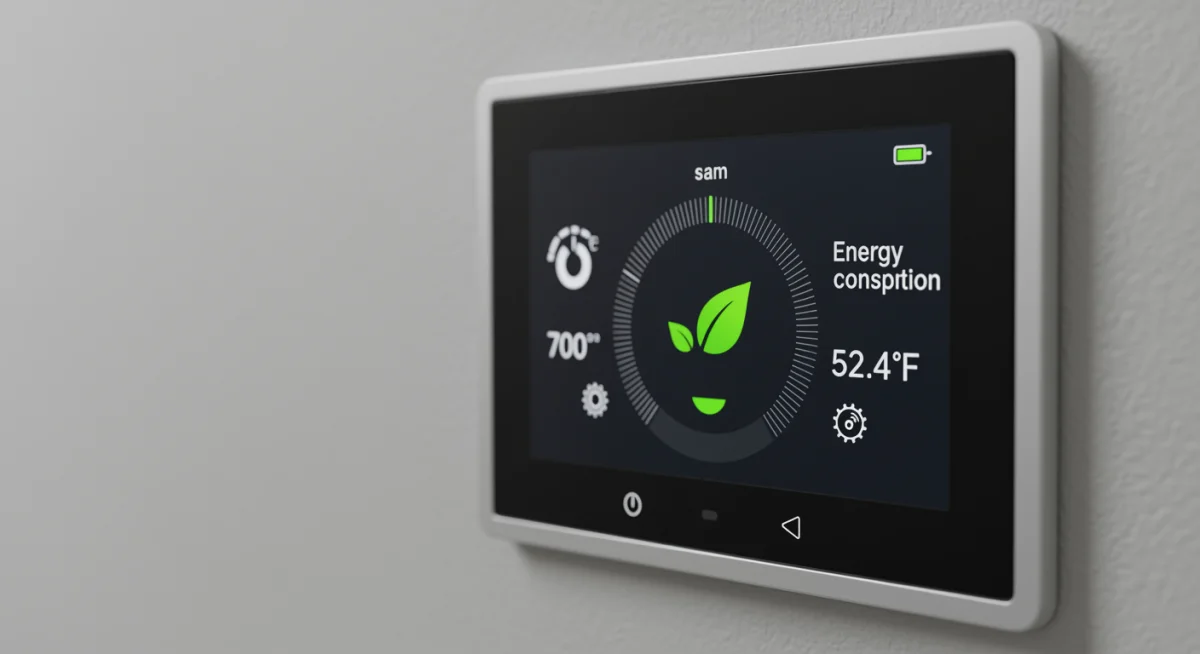 Modern smart thermostat displaying energy consumption data