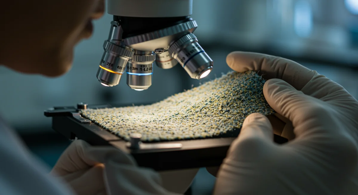 Textile engineer examining innovative sustainable fabric swatch