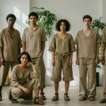 Models showcasing sustainable fashion garments in a contemporary setting