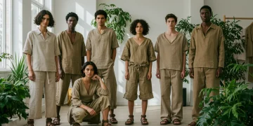 Models showcasing sustainable fashion garments in a contemporary setting