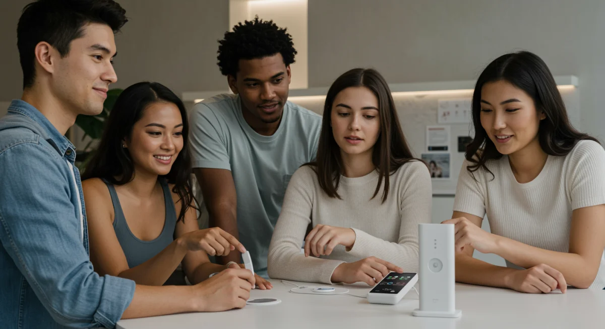 Diverse individuals using a smart wellness device, showcasing innovation and a health-conscious demographic of a niche lifestyle brand.