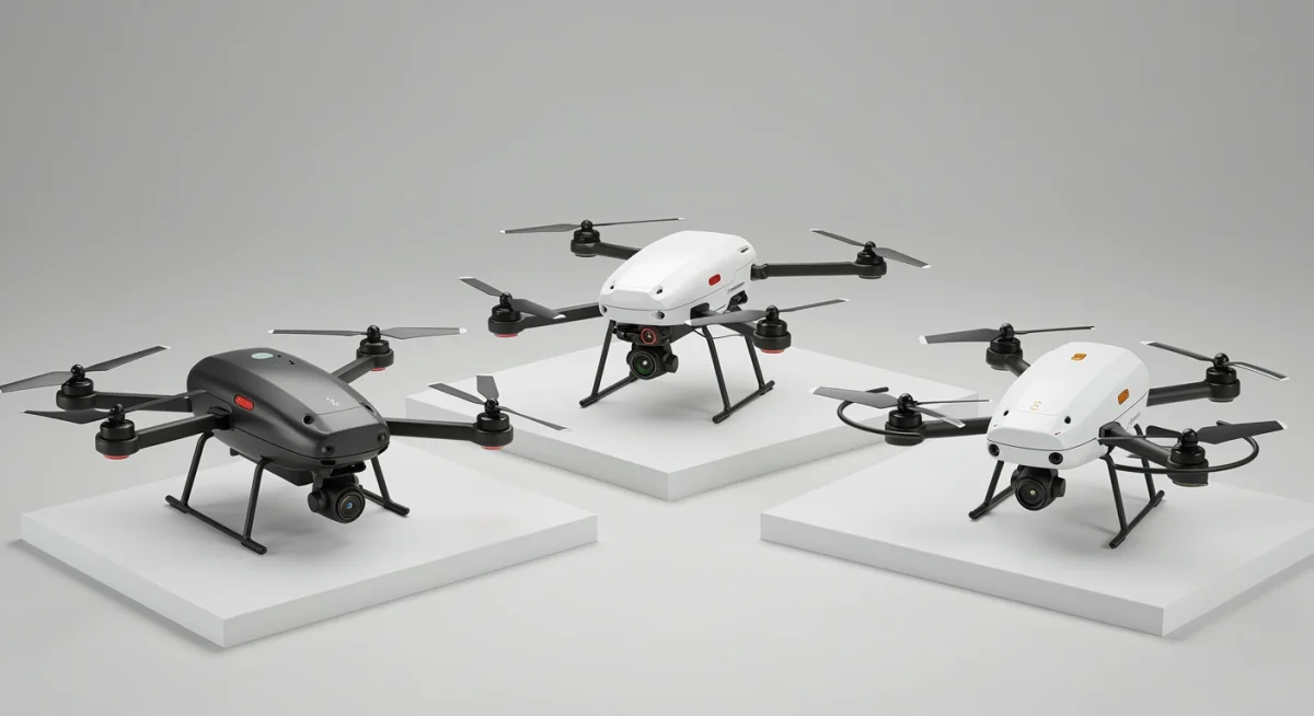 Three distinct new drone models for 2025, designed for surveillance, photography, and delivery, displayed together.