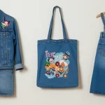 Creative upcycled clothing items including a denim jacket and repurposed jeans, showcasing DIY fashion projects.