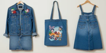 Creative upcycled clothing items including a denim jacket and repurposed jeans, showcasing DIY fashion projects.