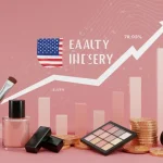 Dynamic visual of beauty products and growth charts, symbolising financial success in the US beauty market.