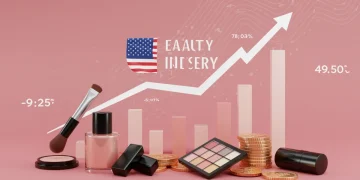 Dynamic visual of beauty products and growth charts, symbolising financial success in the US beauty market.