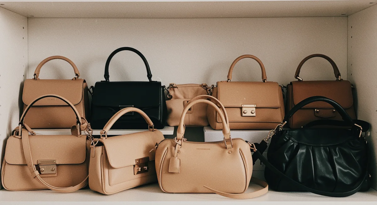 Diverse collection of stylish handbags in various shapes and colours on display.
