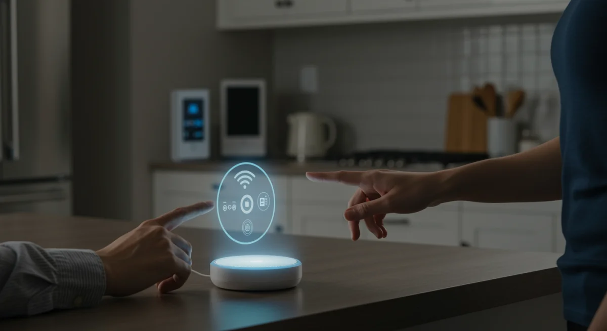 Homeowner using voice-activated smart home hub for energy control