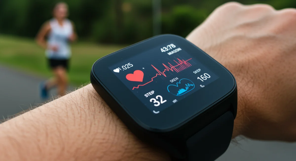 Detailed heart rate and step count on a 2025 wearable health device screen.