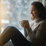 A person enjoying a warm drink by a bright window on a snowy day, symbolising winter comfort and light therapy.
