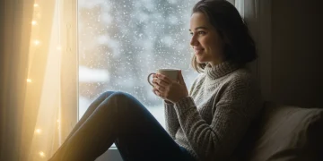 A person enjoying a warm drink by a bright window on a snowy day, symbolising winter comfort and light therapy.